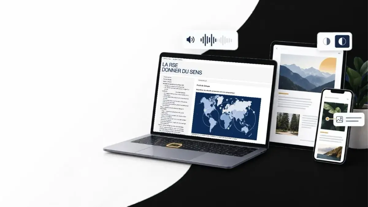 Une même publication accessible affichée sur un ordinateur portable, une tablette et un téléphone, avec les repères de synthèse vocale, de contraste et de description d'image