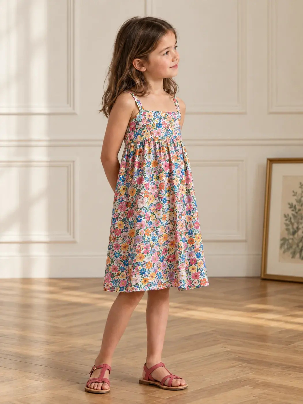 Robe fillette à fleurs portée par une enfant dans un décor