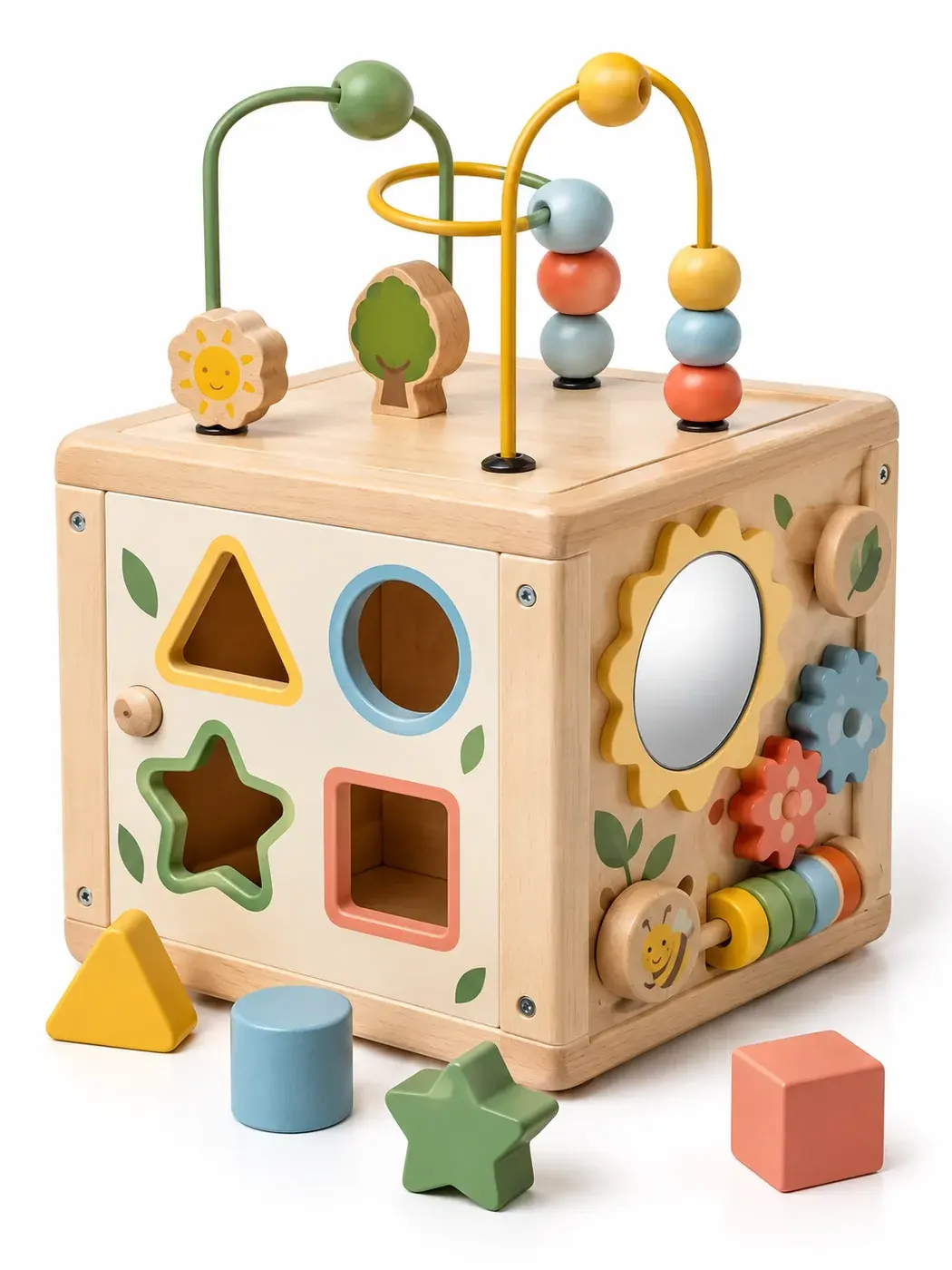 Cube d'activités en bois finalisé, fond blanc et ombre