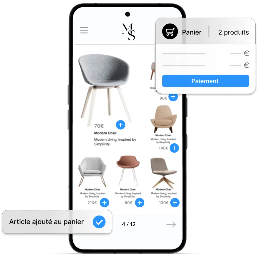 Panier intégré dans un catalogue interactif sur mobile